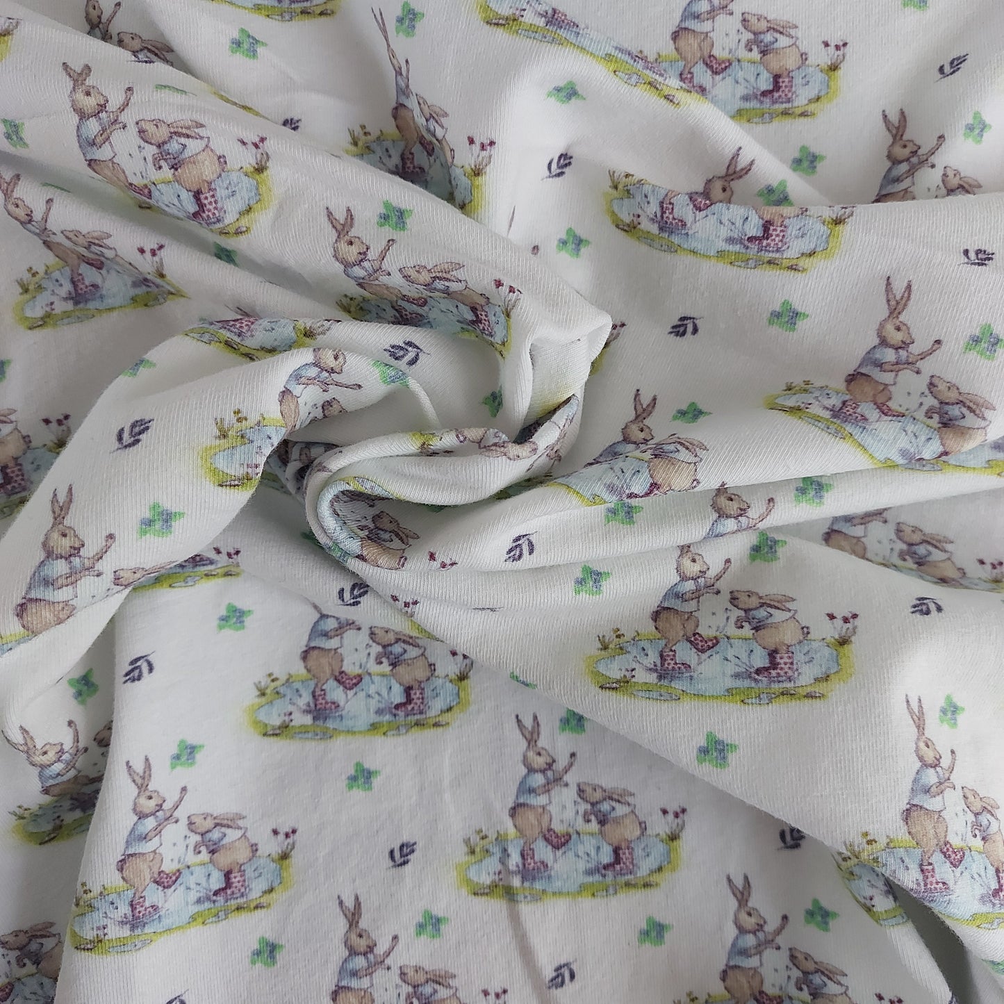 custom printed hare in puddle kids cotton lycra jersey fabric