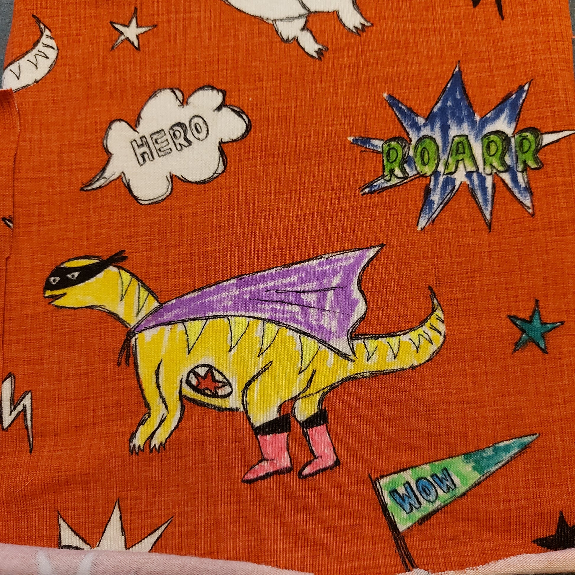 Dinosaur hero, colouring in, exclusive hand drawn mint green design on cotton lycra stretch jersey, apparel fabric, sold by the half metre