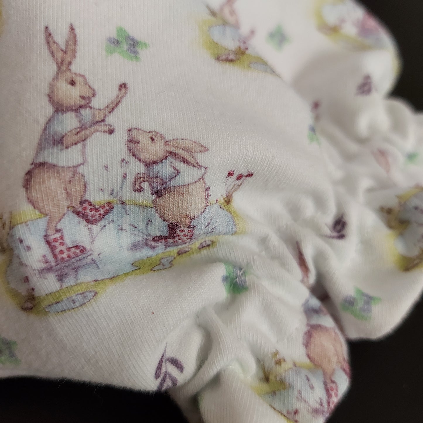 Hares playing in a puddle pattern Cotton Lycra Jersey Fabric, stretch fabric, apparel fabric, baby fabric, sold by the half metre
